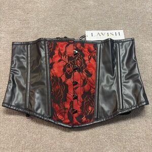 Lavish by Daisy Corsets Red & Black Lace Faux Leather Overbust Corset 0540